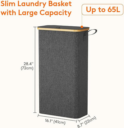 Lifewit 65L Slim Laundry Hamper with Lid, Narrow Laundry Basket with Removable Bag & Bamboo Handles, Fodable Thin Dirty Clothes Hamper for Laundry Collapsible Bin for Bathroom Bedroom Dorm, Dark Gray
