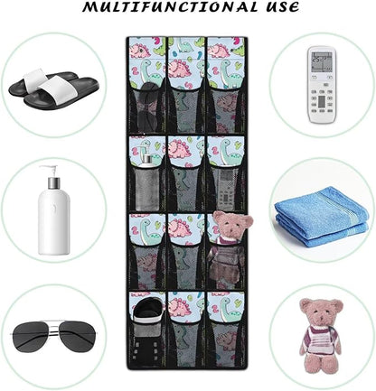 12 Pockets Over The Door Shoe Organizer Mesh Fabric Behind Door Organizer for Kids Room Dinosaurs Shoe Holder Hanger Space Saving Wall Hanging Storage for School