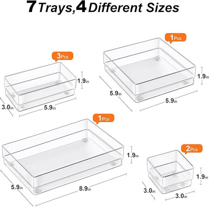 SMARTAKE 7-Piece Drawer Organizer with Non-Slip Silicone Pads, 4-Size Desk Drawer Organizer Trays Storage Tray for Makeup, Jewelries, Utensils in Bedroom Dresser, Office and Kitchen (Clear)
