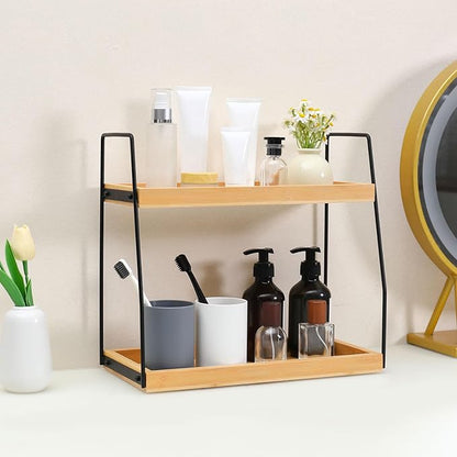 Bamboo Bathroom Counter Organizer, Wooden Bathroom Sink Countertop Organizer, 2 Ties Vanity Counter Top Shelf, Dresser Skincare Storage Rack