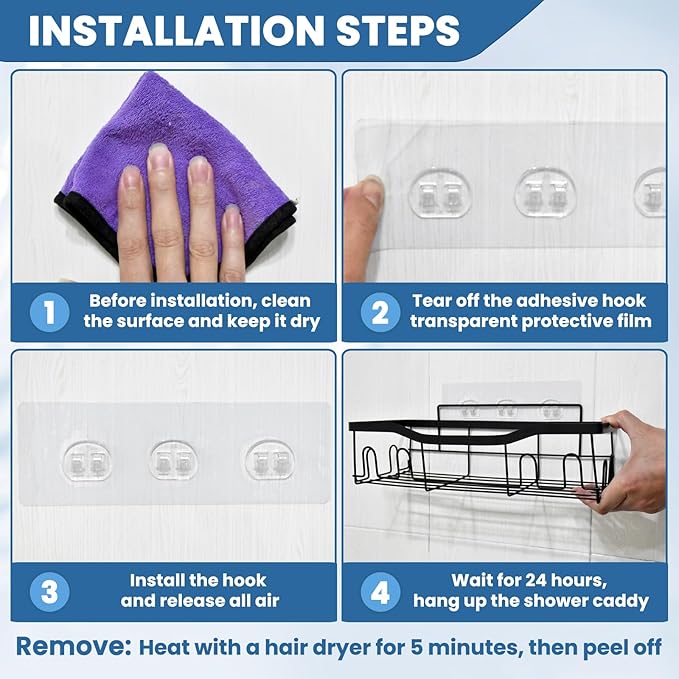 4 Pack Shower Caddy Adhesive Replacement, Shower Shelf Strong Adhesive Hooks, No Drilling, Transparent WaterProof Strips for Bathroom Shelves & Kitchen Racks