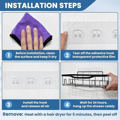 10 Pack Shower Caddy Adhesive Replacement, Shower Shelf Strong Adhesive Hooks, No Drilling, Transparent WaterProof Strips for Bathroom Shelves & Kitchen Racks