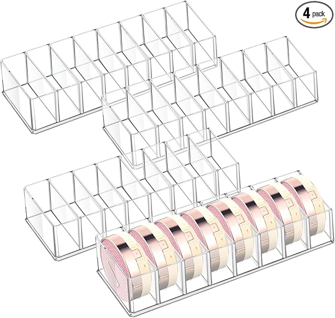 Tuanse 4 Pcs Acrylic Makeup Compact Organizer Detachable 8 Spaces Clear Vanity Drawer Organizer Eyeshadow Palette Storage for Lipstick Highlighter, Skincare Cosmetic Display Cases for Bathroom