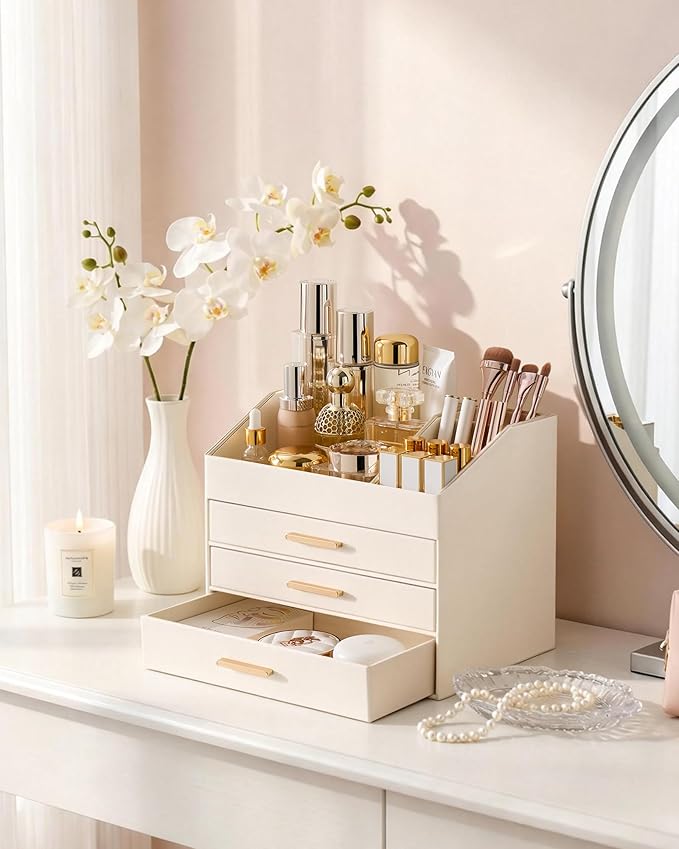 Lolalet PU Leather Makeup Organizer for Vanity Desk, 4-Layer Luxury Make Up Storage Cosmetics Holder Box with Drawers -Cream