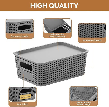 8 Pcs Plastic Storage Baskets with Plastic Lids and Labels 5.29qt Stackable Box Basket Pantry Decorative Containers, Small Storage Bins for Desktop Organizing Shelves Drawers Cabinets 10*7.2*4.1"