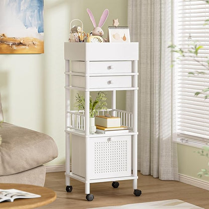Amazer Bamboo Makeup Organizer Cart with 3 Drawers, Floor Skin Care Storage for Bathroom Bedroom, Rolling Vanity Organizer Cart for Cosmetic, Nail Polish, Perfume and Hair Tools, White