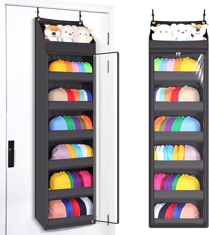 Toread 7-Layer Door-Mounted Baseball Cap Organizer, Dust-Proof Hat Rack Holds 90 Hats, Adjustable Non-Slip Hooks, Multi-Purpose Organizer for Nursery, Bathroom, Bedroom - Patented Design（black）
