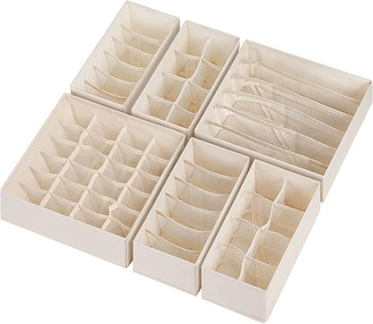 Criusia 6 Pack Sock Underwear Drawer Organizer Dividers, 58 Cell Foldable Fabric Dresser Closet Organizers and Storage Bins for Clothing, Baby Clothes, Bra, Panty, Scarf, Ties (Beige)