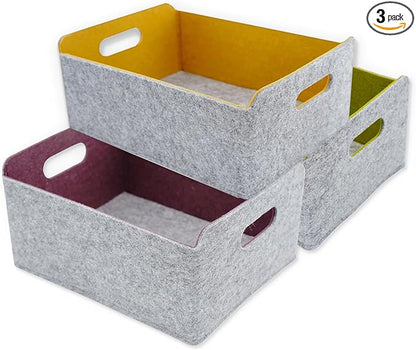 Welaxy Collapsible Felt Storage Baskets, Foldable Shelf Bins for Toys, Clothes, Books & Closet Organization (Curry +Moss green + Wild berry)