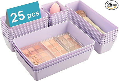 Vtopmart 25 PCS Plastic Drawer Organizers Set, 4-Size Versatile Bathroom and Vanity Drawer Organizer Trays, Storage Bins for Makeup, Bedroom, Kitchen Gadgets Utensils and Office