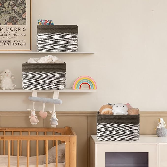 4 Pack Storage Baskets for Organizing, Woven Baskets for Shelves - Perfect for Toys, Books, Towels, and Clothes, Durable Gift Basket Bins Toy Storage, 12.7''Lx9''Wx7.8''H, Green & White