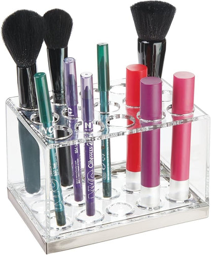 mDesign Plastic Makeup Brush Storage Organizer with 15 Slots for Bathroom Countertop, Vanity to Hold Eye/Lip Pencils, Lip Gloss, Liners, Lipstick - Clear/Brushed