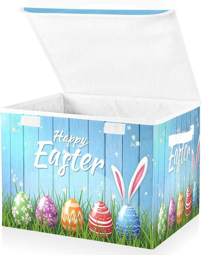 senya Easter Baskets Collapsible Storage Bins with Lids, Happy Easter Bunny Eggs Storage Boxes Clothes Baskets for Organizing