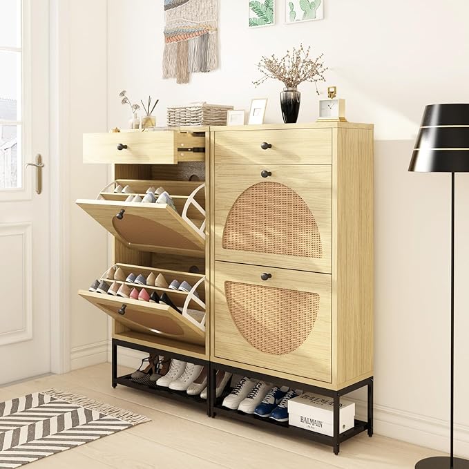 Lamerge Free Standing Shoe Rack, Entryway Organizer with 2 Natural Semi-Circular Rattan Flip Drawers, Hallway Faux Wooden Shoe Storage Cabinet with Pull Drawer and Bottom Rack for Living Room, Bedroom