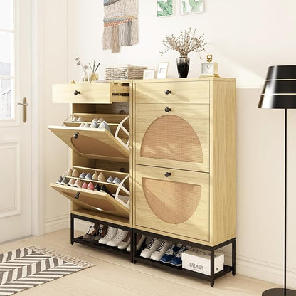 Lamerge Free Standing Shoe Rack, Entryway Organizer with 2 Natural Semi-Circular Rattan Flip Drawers, Hallway Faux Wooden Shoe Storage Cabinet with Pull Drawer and Bottom Rack for Living Room, Bedroom