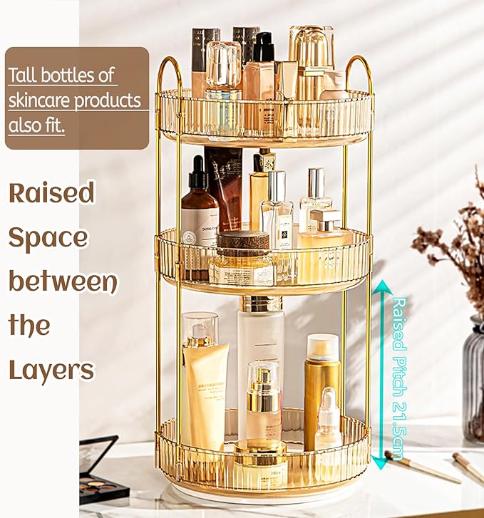 Skincare Organizers 360 Rotating, 3 Tier Round Makeup Organizer Countertop,Holder Rack Large Spinning Cosmetics Display Cases, Perfume Beauty Storage for Vanity, Countertop, Bathroom (Gold-3 Tier)