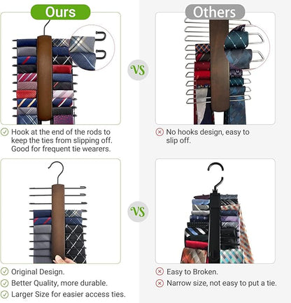 Mkono Wooden Tie Rack Retro Tie Belt Storage Hanger Organizer for Men Closet Space Saving Rack with 20 Non-Slip Hooks for Ties Belt Scarf Organize 360 Rotate Hanger Tie Display Holder, 1 Piece, Brown