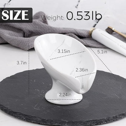 Small Soap Dish, Self Draining Bar Soap Holder for Bathroom Sink, Leaf Shaped Drainage Ceramic with Marble-Pattern Finish, Decorative Soap Dish, No Suction Cup, ANTIS'S HOME