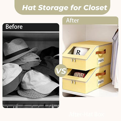 2 Pack Hat Organizer for Women & Men, Foldable Hat Storage Box with Clear Window Lid, Stackable Clear Hat Storage for Baseball, Cowboy Caps, Store up to 28 Caps, Butter Yellow