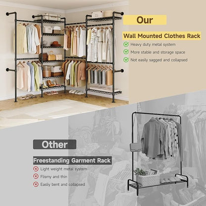 ONBRILL L4 Wall Mounted Industrial Pipe Clothing Rack, Closet Organizer System with 6 Hanging Clothes Rods ( 4 Expandable Rods) & 8 Shelves, Heavy Duty Corner Garment Rack, Large Wardrobe - Black