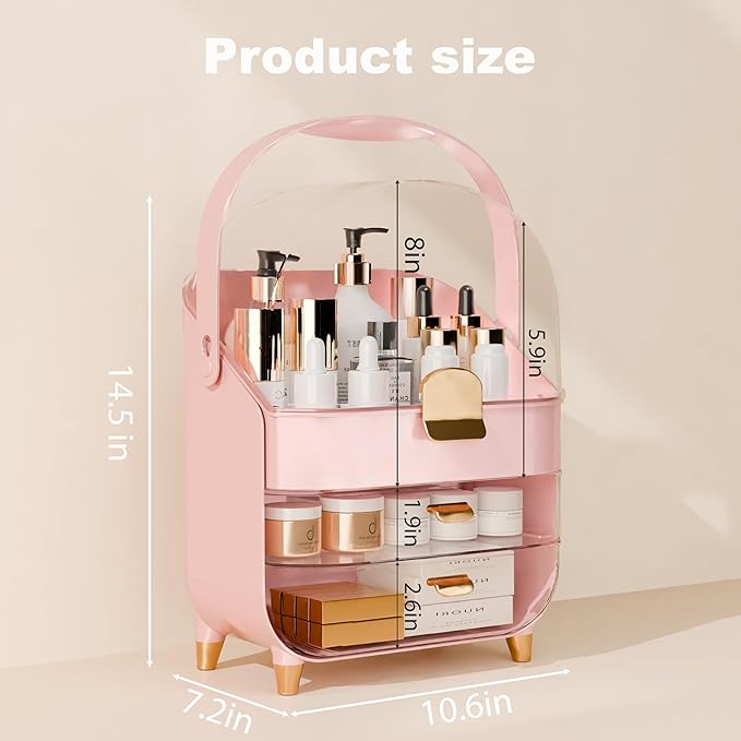 Makeup Organizer Countertop With Lid And Drawers Large Skin Care Cosmetic Display Case Holder for Vanity Desk Bathroom Storage Box,Pink
