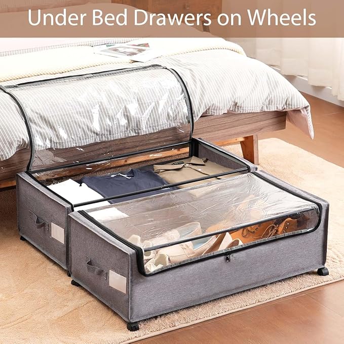 FOUCSSOMEI Under Bed Storage with Wheels, Rolling Under bed Storage with Metal Frame, Under Bed Shoe Storage for Space Saving, Zippered Clear Lid, Heavy-Duty Steel Base for Clothes