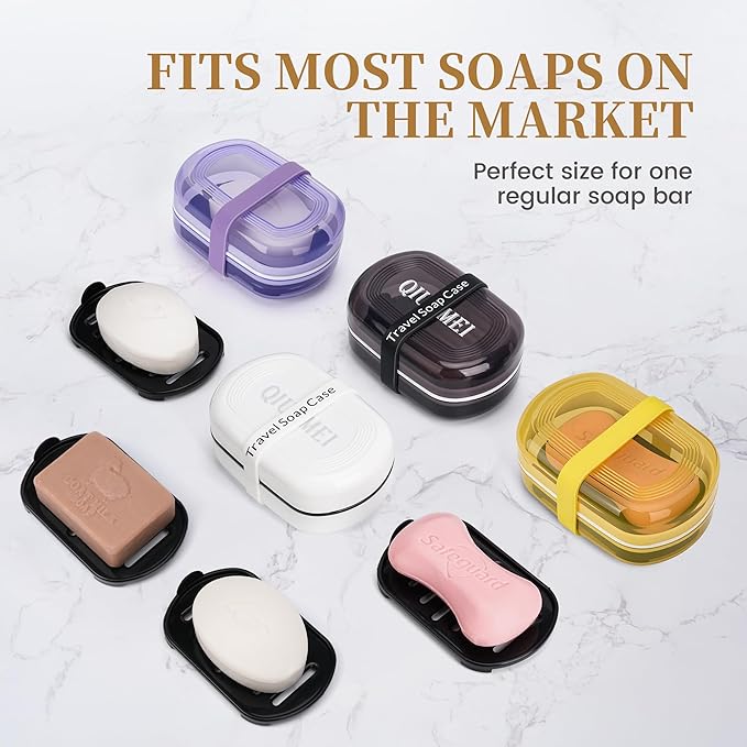 Leakproof Travel Soap Case with Lid | Draining Soap Bar Holder & Dish with Silicone Strap | Includes Mesh Soap Bag | for Shower, Bathroom, Camping, Gym (Lemon Yellow)