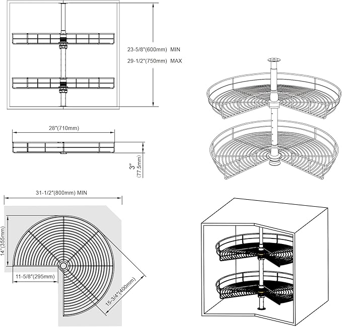 Dowell Base Cabinet Kidney Shape Dia.28 270° Lazy Susan, 2 Shelves, Kitchen Base Corner Cabinet Organizer (Chrome 4001 270 28)