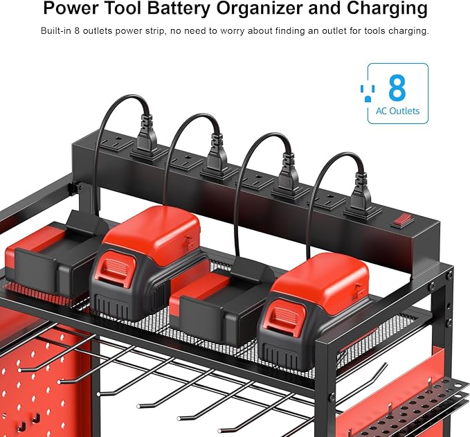 CCCEI Garage Power Tools Organizer Cart with Charging Station, Black Floor Standing Rolling Drill and Tools Battery Storage Cart on Wheels. Red Utility Rack Gift for Men, Husband, Father.