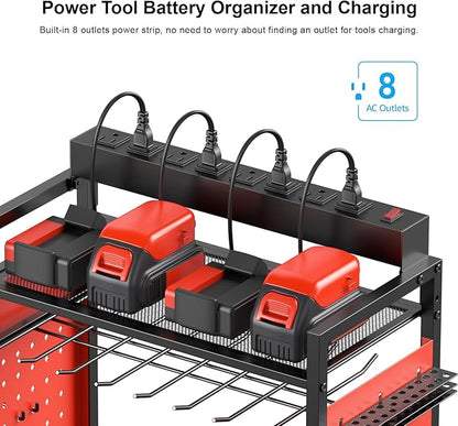CCCEI Garage Power Tools Organizer Cart with Charging Station, Black Floor Standing Rolling Drill and Tools Battery Storage Cart on Wheels. Red Utility Rack Gift for Men, Husband, Father.