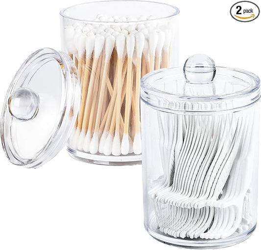 Clear Bathroom Organizer with Lid - 2-Pack Cotton Ball and Cotton Swab Storage Tins for Vanity Storage