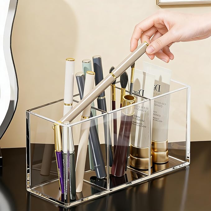 Makeup Brush Holder, Clear Acrylic Organizer for Women & Girls, 7.1x2.8x3.5in Desk Storage for Makeup Brushes & Cosmetic Tools, Easy Access (Clear -3)