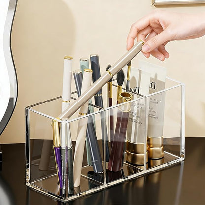 Makeup Brush Holder, Clear Acrylic Organizer for Women & Girls, 7.1x2.8x3.5in Desk Storage for Makeup Brushes & Cosmetic Tools, Easy Access (Clear -3)