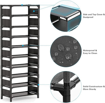 Shoe Rack - 10 Tiers Shoe Organizer with Detachable Fabric Shelves & Metal Frame, Up to 20-25 Pairs Narrow Tall Shoe Rack for Closet, Entryway, 17.7" x 11.0" x 63"