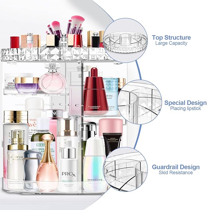 360 Rotating Makeup Organizer, DIY Adjustable Makeup Carousel Spinning Holder Rack, Large Capacity Cosmetic Brush Lipstick Storage Organizer Box for Vanity