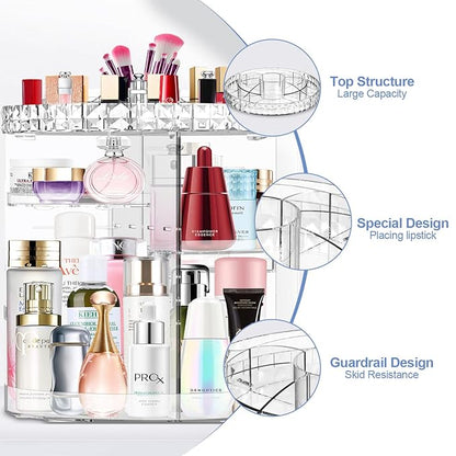 360 Rotating Makeup Organizer, DIY Adjustable Makeup Carousel Spinning Holder Rack, Large Capacity Cosmetic Brush Lipstick Storage Organizer Box for Vanity