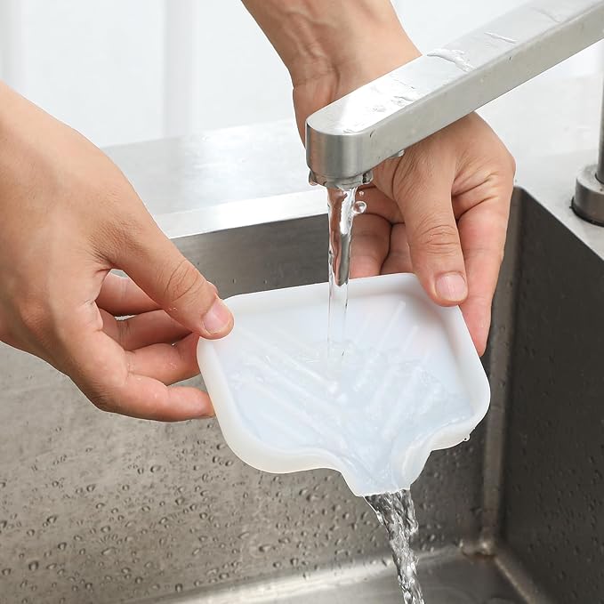 MicoYang Silicone Bathroom Soap Dishes with Drain Spout-Bathroom and Kitchen Sink Organizer,Sponge Holder,Dish Soap Tray,Perfect for Dispenser,Scrubber,Bottle,Cup on Counter Translucent 4.9"×3.2"
