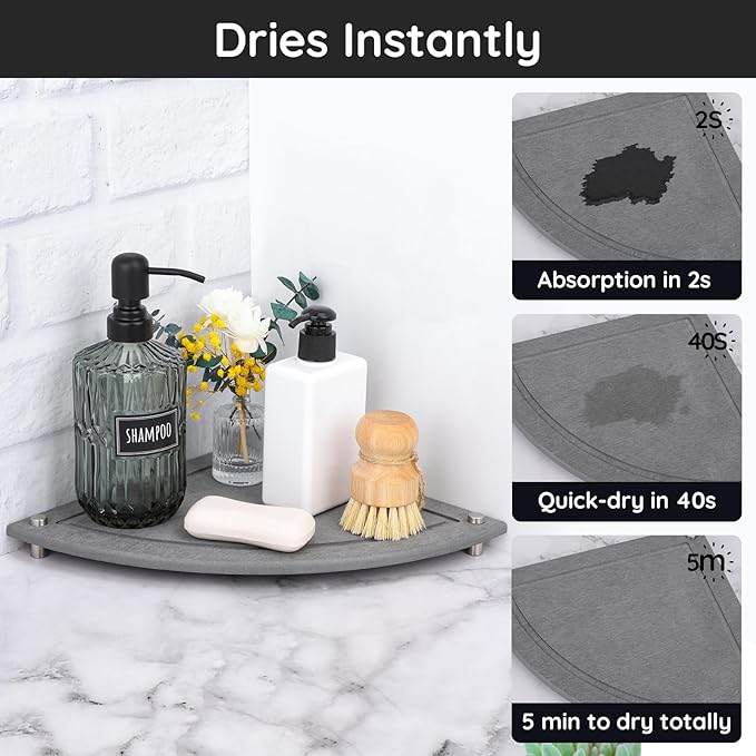 Segbeauty Water Absorbing Stone Drying Tray, 9.85in Quick Dry Diatomaceous Earth Corner Countertop Organizer, Corner Sink Shelf Tray for Bathroom Counter, Fast Drying Stone for Kitchen Counter