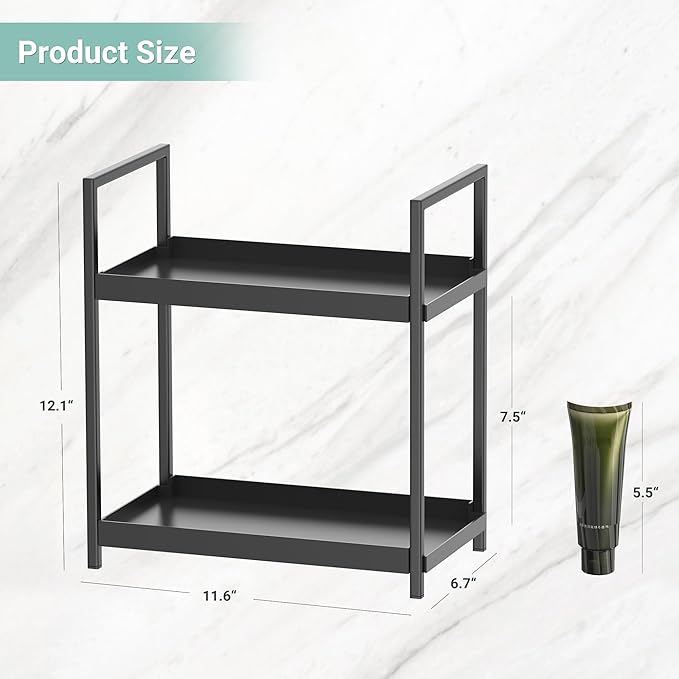 Bathroom Organizer Countertop, 2 Tier Counter Storage Shelf for Makeup Perfume Skincare Cosmetic Beauty Product, Small Vanity Countertop Tray Stand Rack Holder for Mens Bathroom Sink Dresser, Black