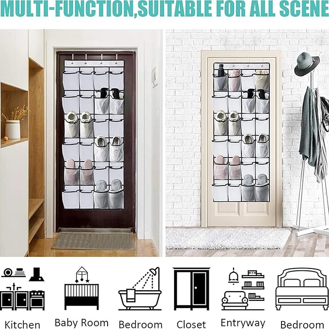 Shoe Holder Rack for Over the Door, 24-Pair Mesh Pockets Hold up to 40 Pounds, Back of Closet Organizer, Behind Door Hanger, Nonslip Holders, Shoes, Sneakers and Home Accessories (WHITE)