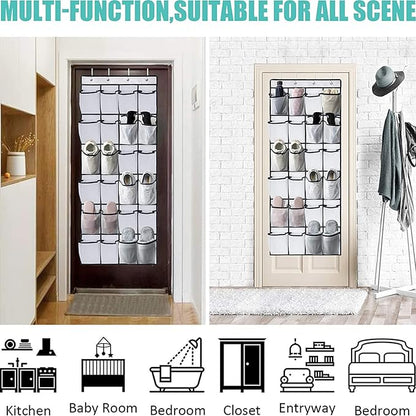 Shoe Holder Rack for Over the Door, 24-Pair Mesh Pockets Hold up to 40 Pounds, Back of Closet Organizer, Behind Door Hanger, Nonslip Holders, Shoes, Sneakers and Home Accessories (WHITE)