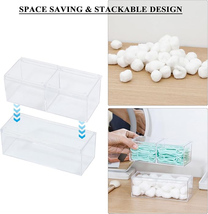 2 Pack Qtip Holder Dispenser with Lid , Plastic Bathroom Vanity Canister for Counter, Drawer and Cabinet Use, Cotton Balls, Makeup Pads, Floss Picks, Clear Desk Container