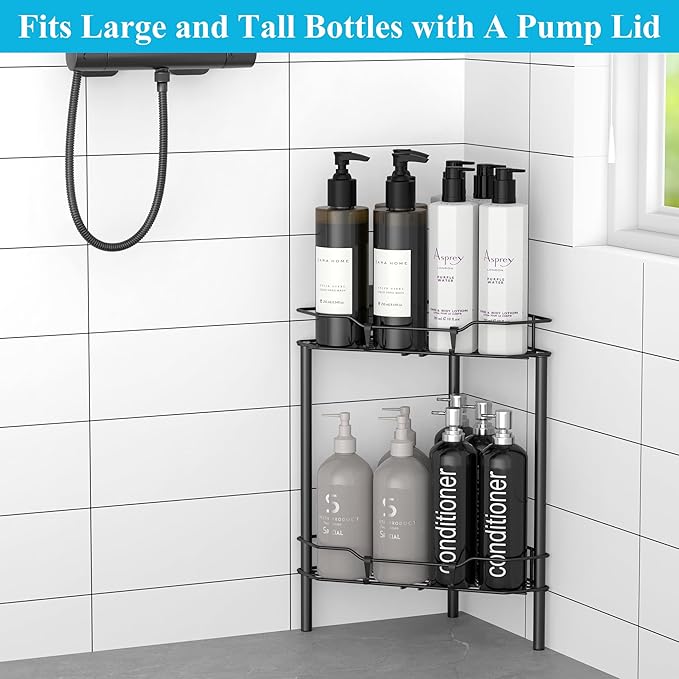 HuggieGems 2 Tier Floor Standing Corner Shower Caddy Organizer Shelf with Hooks, Bathroom Shelves Stand Rack, Matt Black