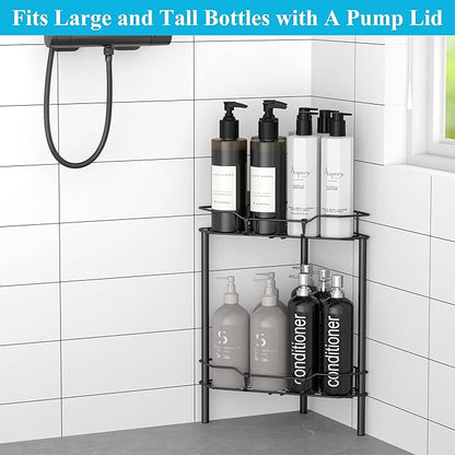 HuggieGems 2 Tier Floor Standing Corner Shower Caddy Organizer Shelf with Hooks, Bathroom Shelves Stand Rack, Matt Black