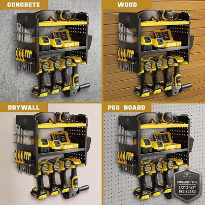 BUILTSTRONG Power Tool Organizer Wall Mount – 3-Tier Heavy-Duty Steel Rack, 4 Drill Slots, Pegboard + Utility Side, 100 lb Capacity – Garage, Workshop & Shed Storage (Yellow)