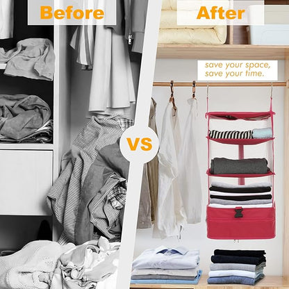 Surblue Hanging 3-Shelf Closet Organizer Pocket Collapsible Washable Oxford Fabric with 2 Hooks (L 11.41 * 11.41 * 19.68in, Rose)