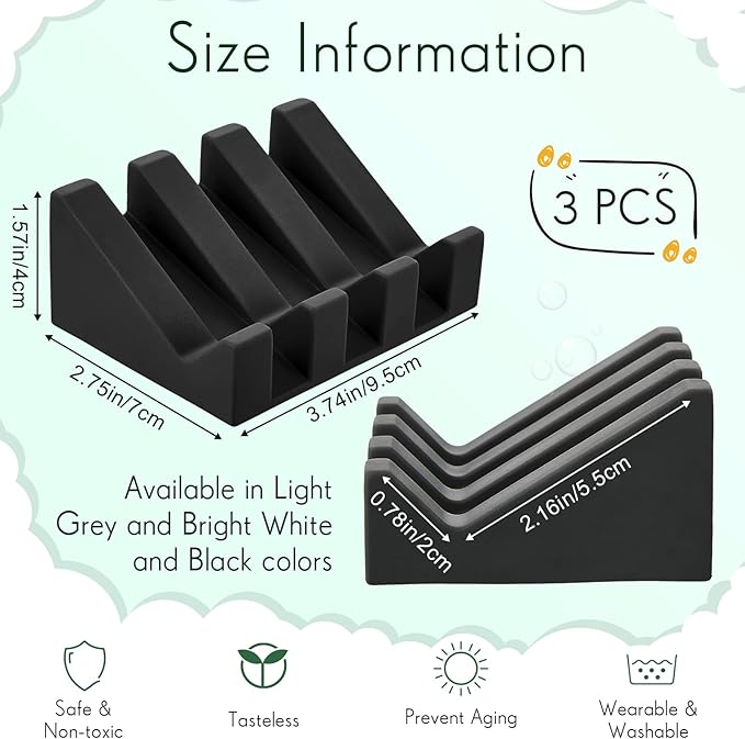 Cunhill 3 Pieces Silicone Soap Dish Self Draining Soap Dish Shower Waterfall Bar Soap Holder Tray with Drain Soap Saver for Kitchen Bathroom Accessories (Light Gray,Bright White,Black)