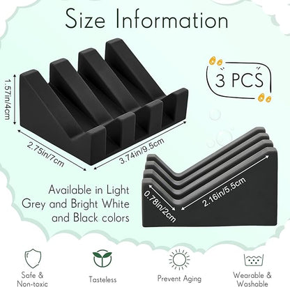 Cunhill 3 Pieces Silicone Soap Dish Self Draining Soap Dish Shower Waterfall Bar Soap Holder Tray with Drain Soap Saver for Kitchen Bathroom Accessories (Light Gray,Bright White,Black)