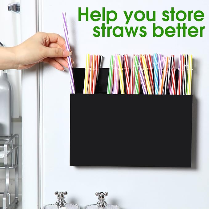 Honeydak Magnetic Acrylic Straw Holder for Cabinet Door with Adhesive Tapes and 5 Removable Partitions, Reusable Straw Organizer Storage Space-saving for Cabinet Door Fridge Kitchen(Black,9.8 Inch)