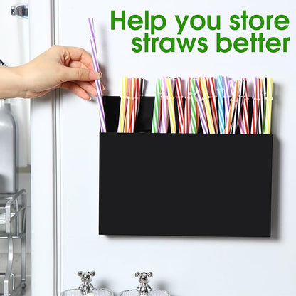 Honeydak Magnetic Acrylic Straw Holder for Cabinet Door with Adhesive Tapes and 5 Removable Partitions, Reusable Straw Organizer Storage Space-saving for Cabinet Door Fridge Kitchen(Black,9.8 Inch)